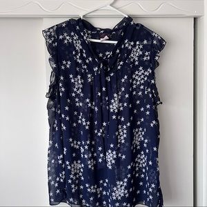 Sheer, star print, sleeveless, tie front blouse, navy background white stars